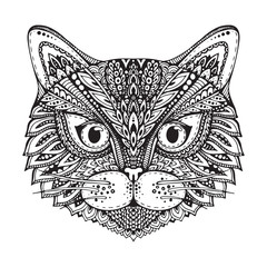 Hand drawn ornate doodle graphic black and white cat face