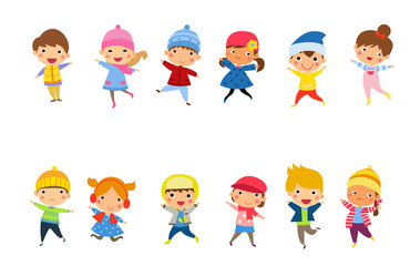 Cute happy children jumping together with winter fashion clothes