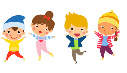 Cute happy children jumping together with winter fashion clothes