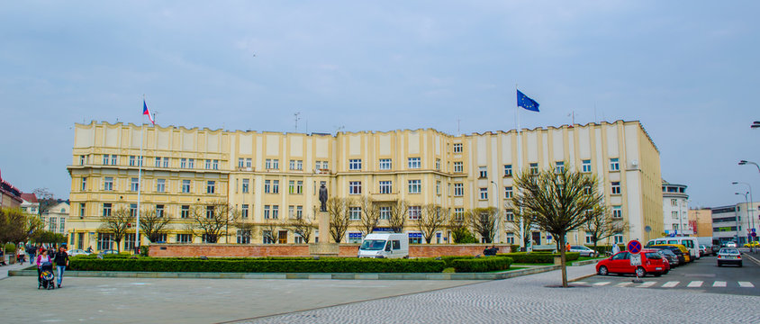 masarykovo namesti square in czech city hradec kralove is named after first czechoslovak president tomas gariggue masaryk. in background is building of former agricultural bank