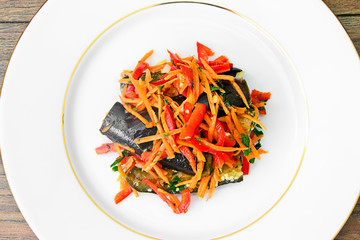 Diet and Healthy Food: Salad with Eggplant, Carrots.