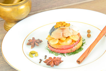 Salt Marinated Mackerel with Apple and Onion.