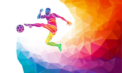 Creative silhouette of soccer player. Football player kicks the ball in trendy abstract colorful polygon style with rainbow back