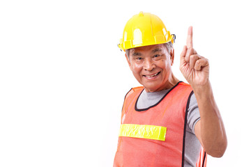 happy, smiling construction worker showing 1 finger gesture