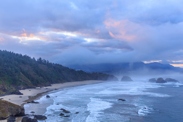 View from Ecola State Park to Cannon Beach in Pacific Ocean, Oregon Coast. USA