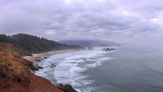 View from Ecola State Park to Cannon Beach in Pacific Ocean, Oregon Coast. USA