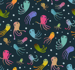 Fototapeta na wymiar Colorful Kids Cartoon Octopus Dark Seamless Pattern Background