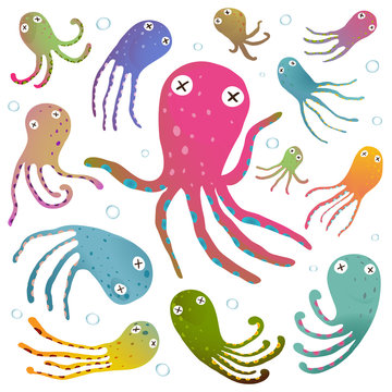 Colorful Octopus Isolated on White Cartoon Clip Art Collection
