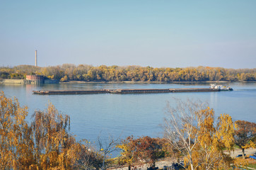 Big cargo barge  on the Danube between Bulgaria and Romania