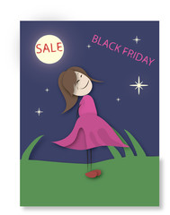 A girl in a pink dress looks at the label Black Friday and disco