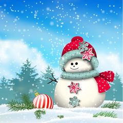 Cute snowman in snowy winter landscape, illustration
