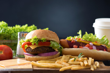 fast food hamburger, hot dog menu with burger, french fries, tom