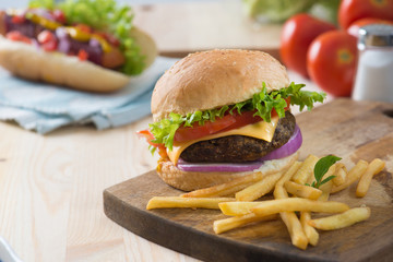fast food hamburger, hot dog menu with burger, french fries, tom