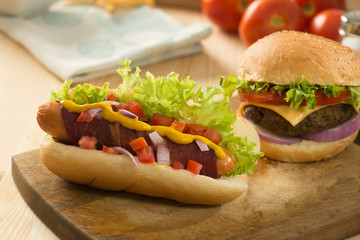 fast food hamburger, hot dog menu with burger, french fries, tom