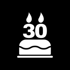 The birthday cake with candles in the form of number 30 icon. Birthday symbol. Flat