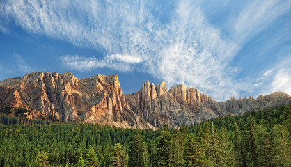 mountains dolomites and fir forest at sunset