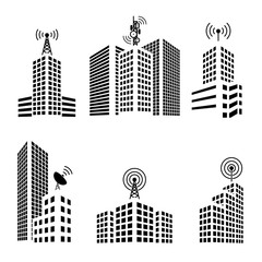 Antennas on buildings in the city icon set