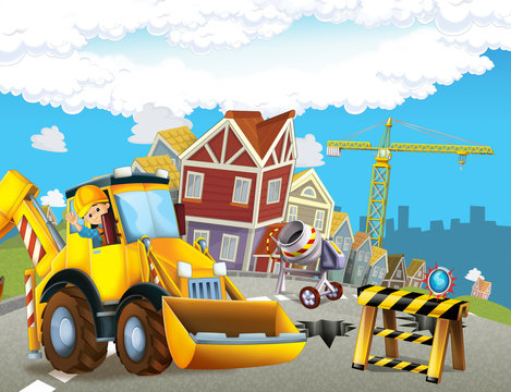 Cartoon construction site with excavator - illustration for the children