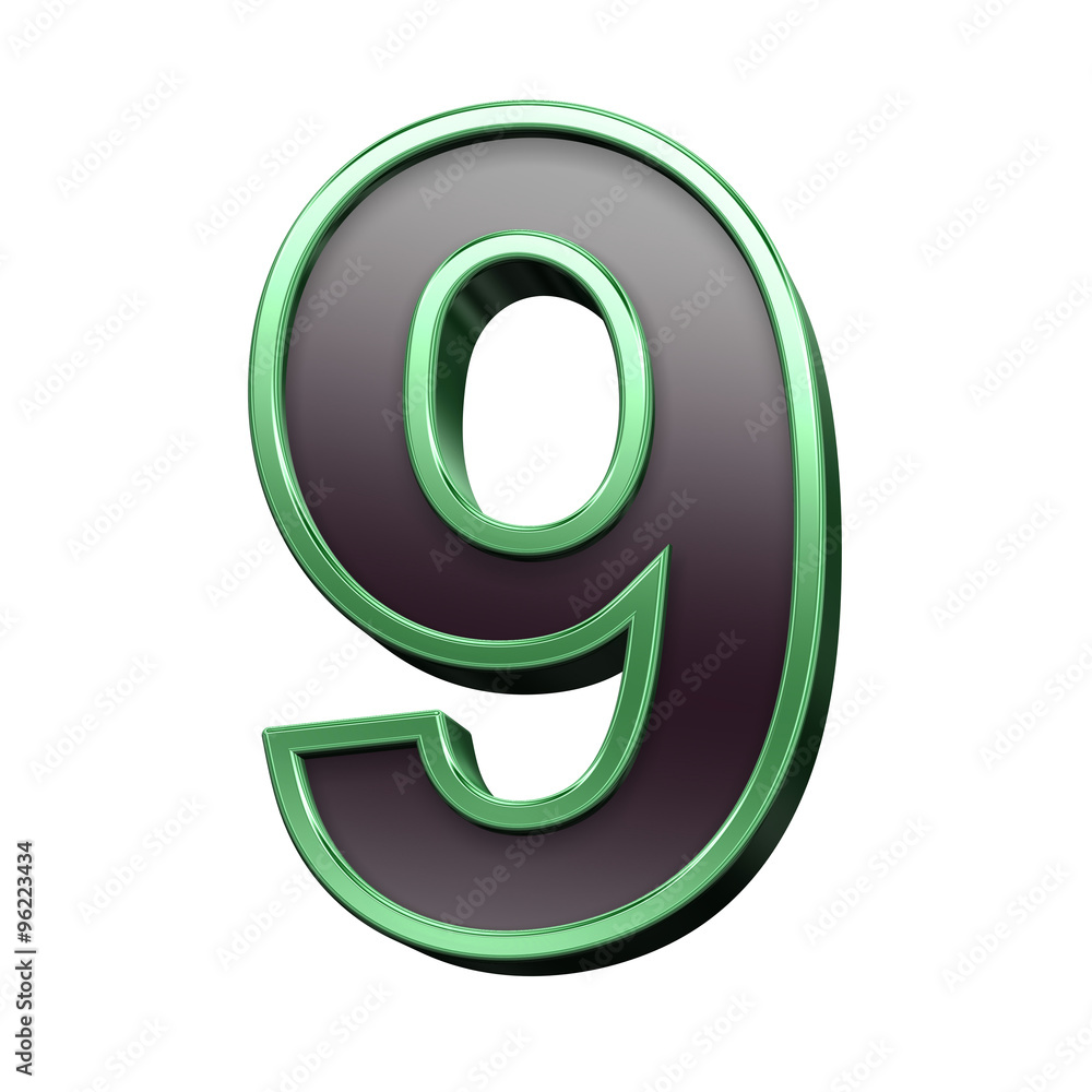 Fototapete one digit from black with green shiny frame alphabet set, isolated on white. computer generated 3d p