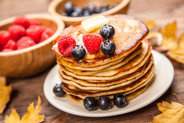High pile of delicious pancakes
