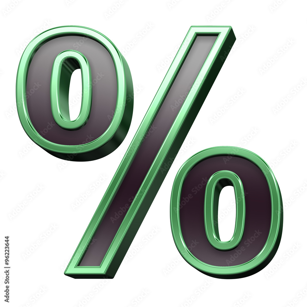 Fototapete percent sign from black with green shiny frame alphabet set, isolated on white. computer generated 3