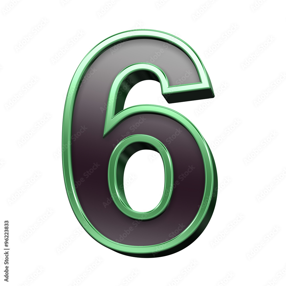 Fototapete one digit from black with green shiny frame alphabet set, isolated on white. computer generated 3d p