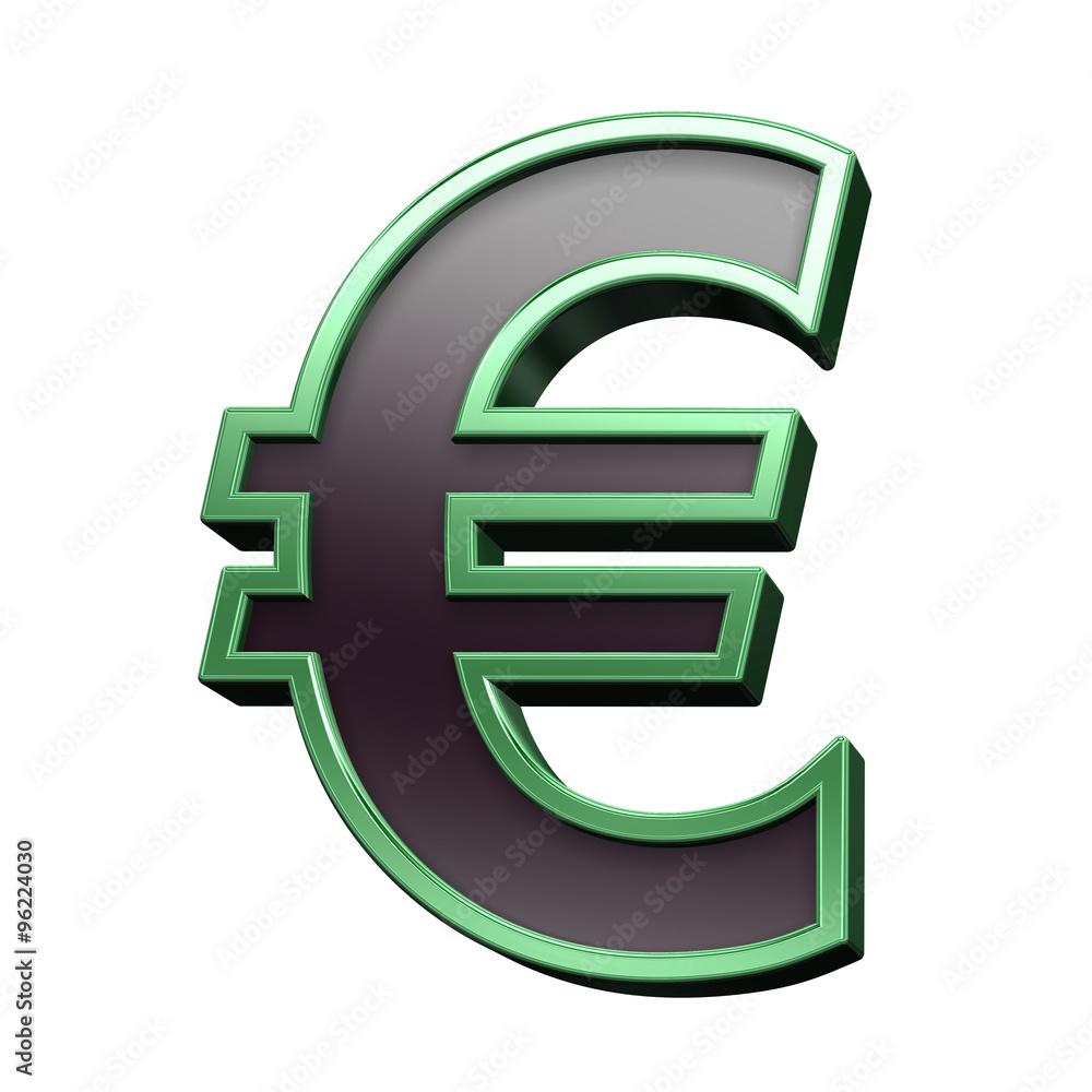 Fototapete euro sign from black with green shiny frame alphabet set, isolated on white. computer generated 3d p
