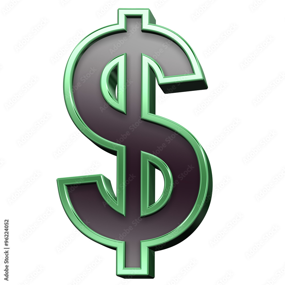 Fototapete Dollar sign from black with green shiny frame alphabet set, isolated on white. Computer generated 3D photo rendering.