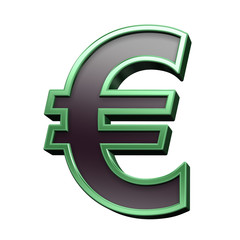 Euro sign from black with green shiny frame alphabet set, isolated on white. Computer generated 3D photo rendering.