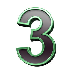 One digit from black with green shiny frame alphabet set, isolated on white. Computer generated 3D photo rendering.