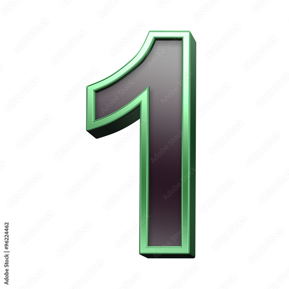 Fototapete one digit from black with green shiny frame alphabet set, isolated on white. computer generated 3d p