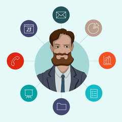 Favorite tools for working managers and business analysts. Infographic about office work - cloud computing and sharing documents