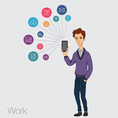 Online services in the smartphone - entertainment and business via cloud technologies. walking guy with a mobile phone - app and store