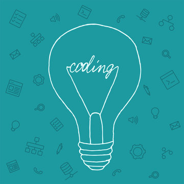 Illustration ideas in the field of programming. Light bulb with icons of tools and services. Icons of digital tools in a simple style. Linear icon on the topic of programming