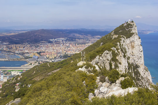 landscape view from above on the Rock of Gibraltar and the Spanish town of Linea de Concepcion in Gibraltar, Europe