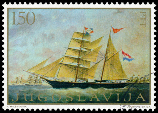 Stamp printed in Yugoslavia shows Ship Painting