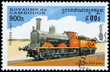 Fototapeta na wymiar Stamp printed in Cambodia shows image of a train