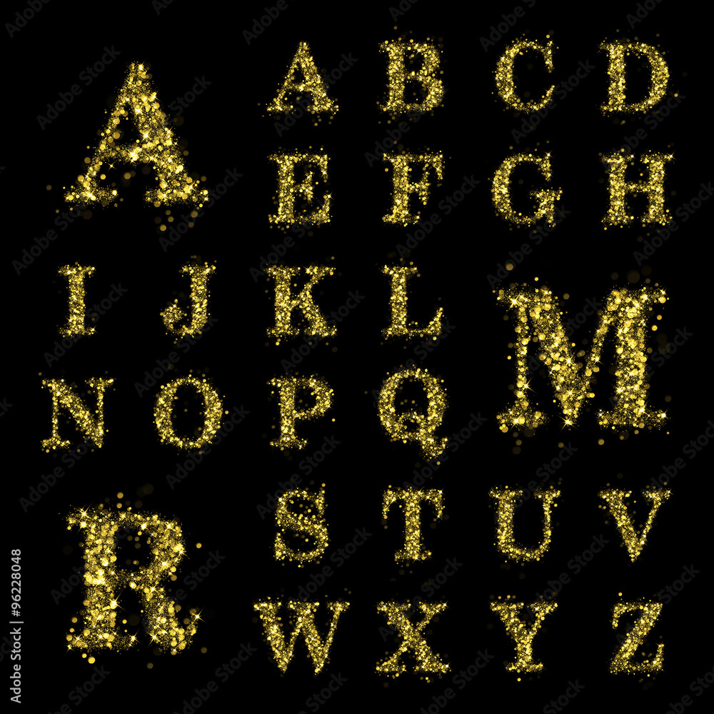 Poster Sparkling golden glitter sequins font set A to Z