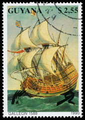 Stamp printed in Guyana shows Galleon Ship
