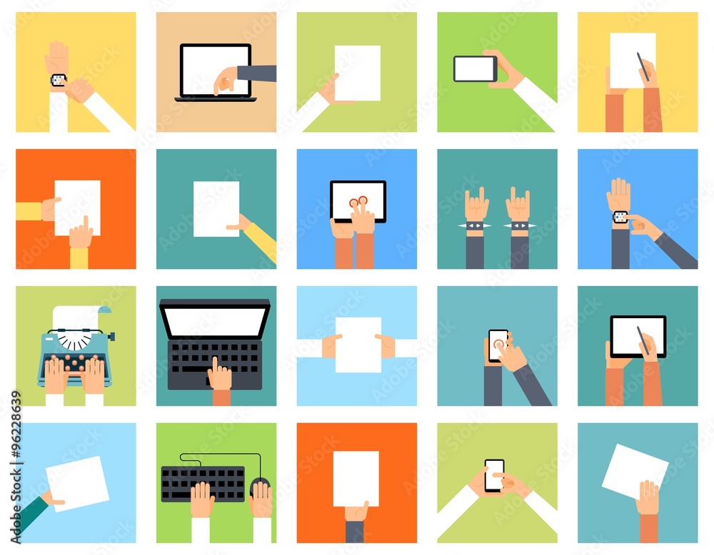 Aufkleber flat hand icons holding various devices and hands are doing different actions