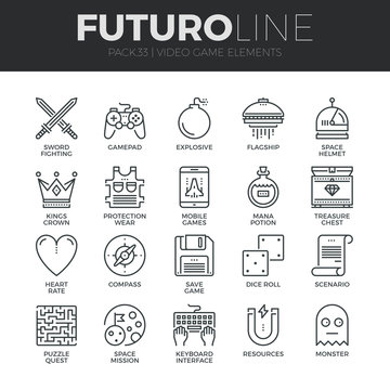Video Game Elements Futuro Line Icons Set