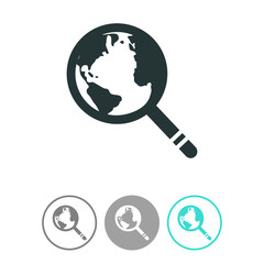 Global search vector icon. World globe symbol. Earth with magnifying glass search icon.