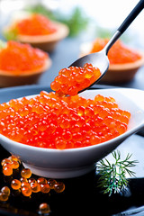 Red caviar. Trout caviar in spoon over black background