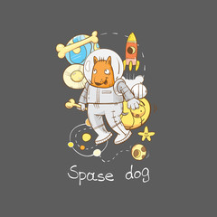 Children's card with cartoon dog astronaut, rockets, stars and planets. Vector image.