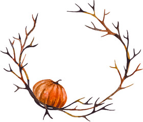 Halloween watercolor pumpkin and wreath - 96235236