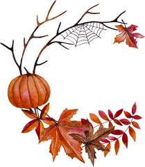 Halloween watercolor pumpkin and spider web - 96235246