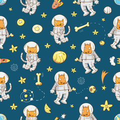 Space vector seamless pattern with cartoon cats astronauts and dogs astronauts on  white background. Doodle image.