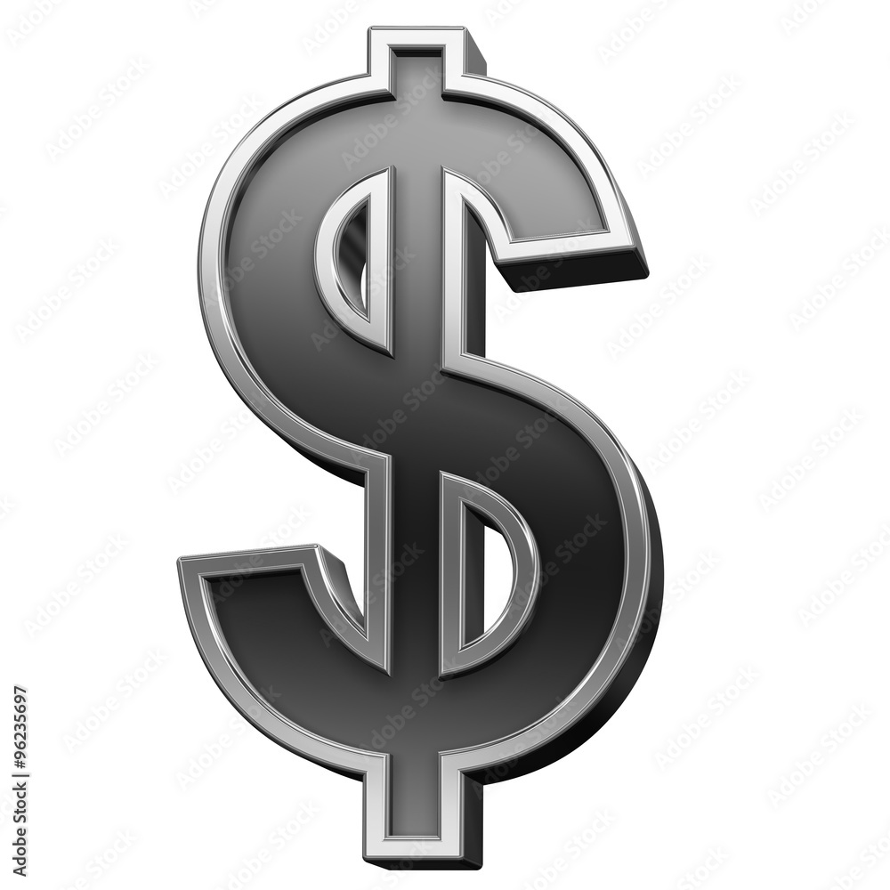 Fototapete dollar sign from black with silver shiny frame alphabet set, isolated on white. computer generated 3