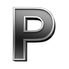 One letter from black with silver shiny frame alphabet set, isolated on white. Computer generated 3D photo rendering.