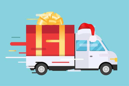 Delivery vector transport truck, van with gift box pack